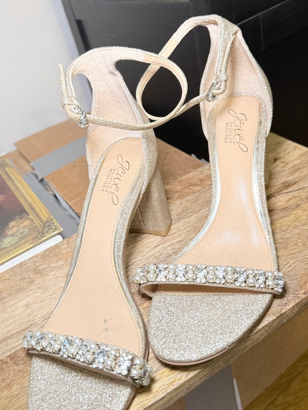 Jewel Badgley Mischka Champagne Gem-Embellished Ankle-Strap Block Heels